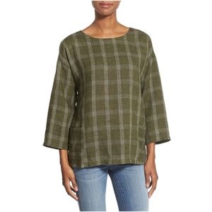 Eileen Fisher Olive Plaid Linen Top